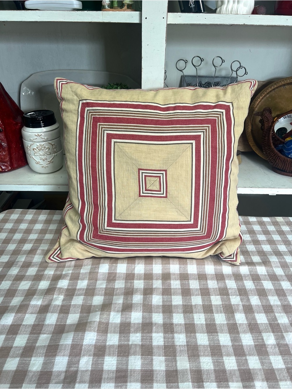 Pottery barn pillow cover red ticking tan zip closure